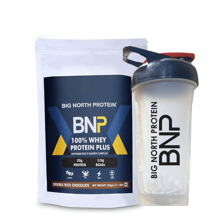 Protein Plus 100% Whey Protein Powder, 25g Protein, 5.5g BCAA, with Free Shaker (500 grams, Double Rich Chocolate) BIG NORTH BNP