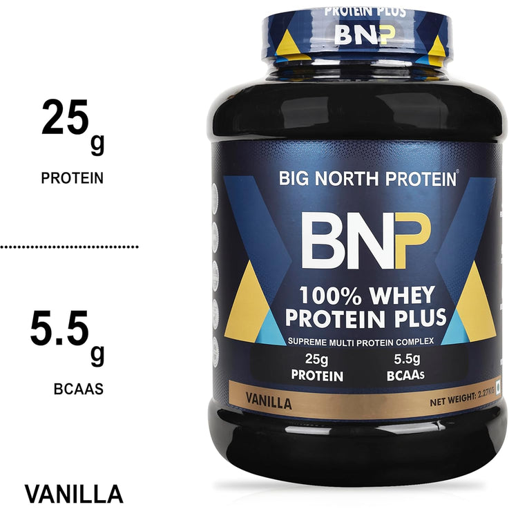 BNP Product Name: Protein Plus 100% Whey Protein Powder, 25g Protein, 5.5g BCAAs, (vanilla), 2.27kg