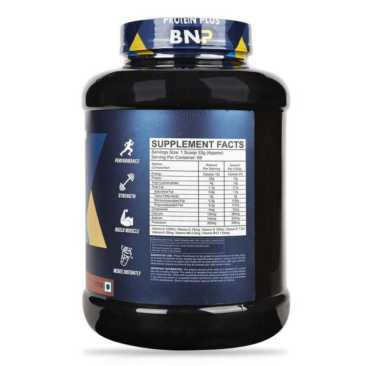 BNP Protein Plus 100% Whey Protein Powder, 25g Protein, 5.5g BCAAs, Badam Pista Flavour, 2.27kg