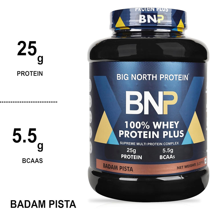 BNP Protein Plus 100% Whey Protein Powder, 25g Protein, 5.5g BCAAs, Badam Pista Flavour, 2.27kg