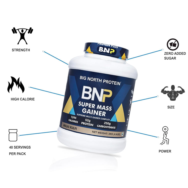 BNP Protein Super Mass Gainer, MALAI KULFI Flavor, 2kg (52g Protein, 250g Carbohydrate, 1244 Calories)