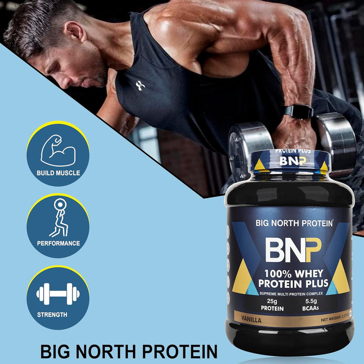 BNP Product Name: Protein Plus 100% Whey Protein Powder, 25g Protein, 5.5g BCAAs, (vanilla), 2.27kg