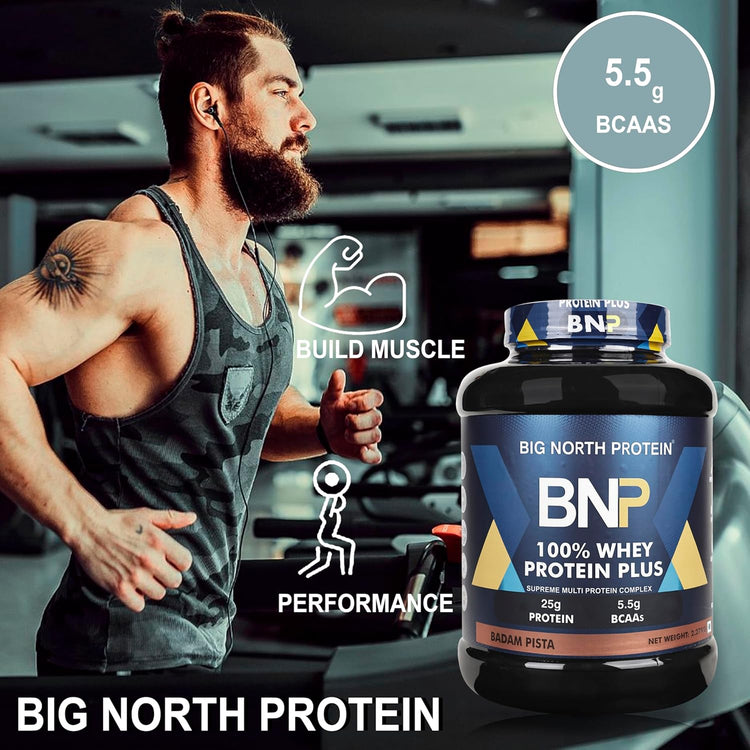 BNP Protein Plus 100% Whey Protein Powder, 25g Protein, 5.5g BCAAs, Badam Pista Flavour, 2.27kg