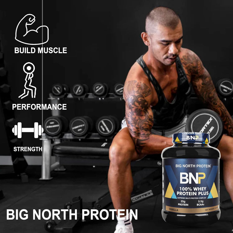 BNP Product Name: Protein Plus 100% Whey Protein Powder, 25g Protein, 5.5g BCAAs, (vanilla), 2.27kg