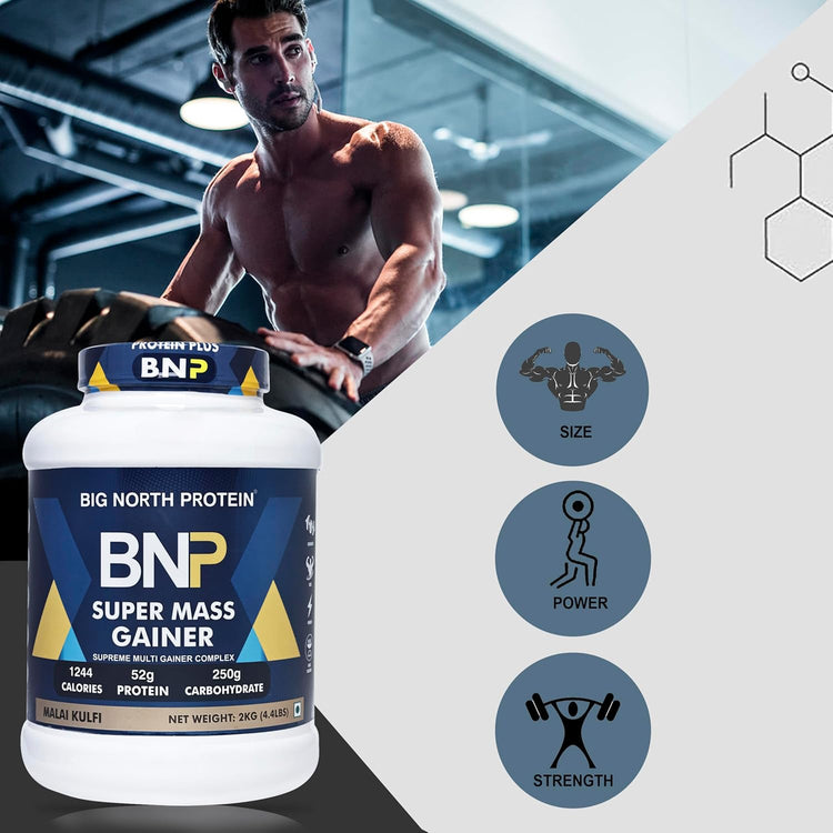 BNP Protein Super Mass Gainer, MALAI KULFI Flavor, 2kg (52g Protein, 250g Carbohydrate, 1244 Calories)
