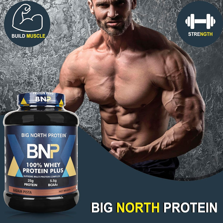 BNP Protein Plus 100% Whey Protein Powder, 25g Protein, 5.5g BCAAs, Badam Pista Flavour, 2.27kg